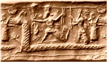 Mardūk, BCE 8ᵗʰ century Neo-Assyrian cylinder-seal: lunar 7ᵗʰ-month Babylonian New Year Akitu Festival